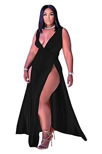 Ekaliy Sexy Sleeveless V-Neck Split Long Beach Dress Maxi Dress L Black - Image 2