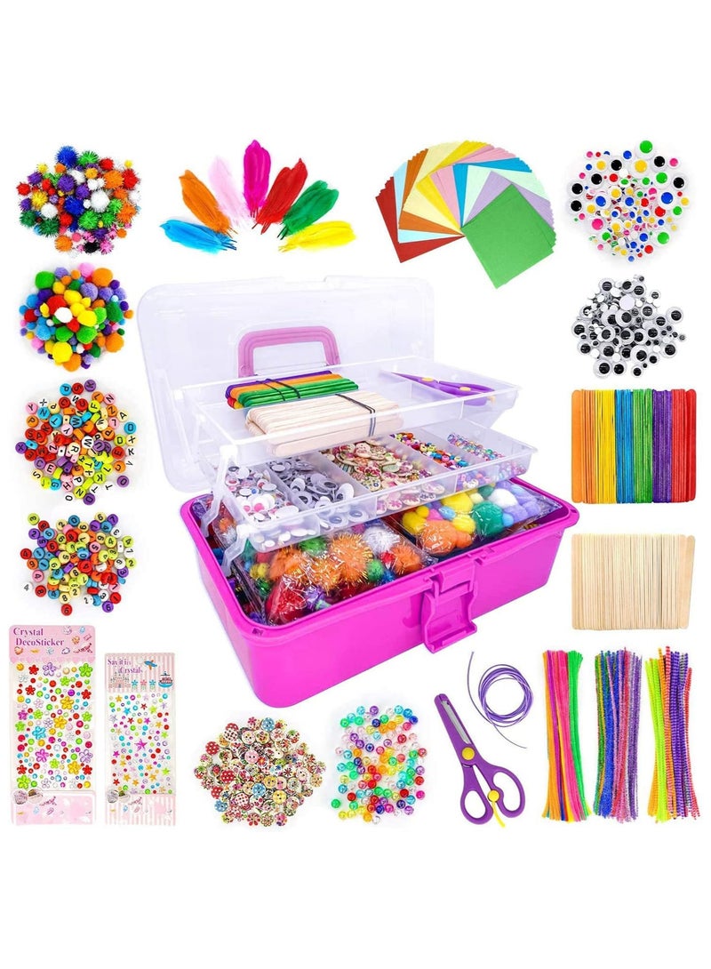AUTOYSUR 1405 قطعة من مستلزمات الفن والحرف للأطفال، مجموعة مستلزمات الحرف اليدوية للأطفال، تشمل منظفات الأنابيب، كرات الفرو، ريش، صندوق تخزين قابل للطي - كل شيء في واحد لمستلزمات فن الحرف اليدوية، وردي غامق - Image 1