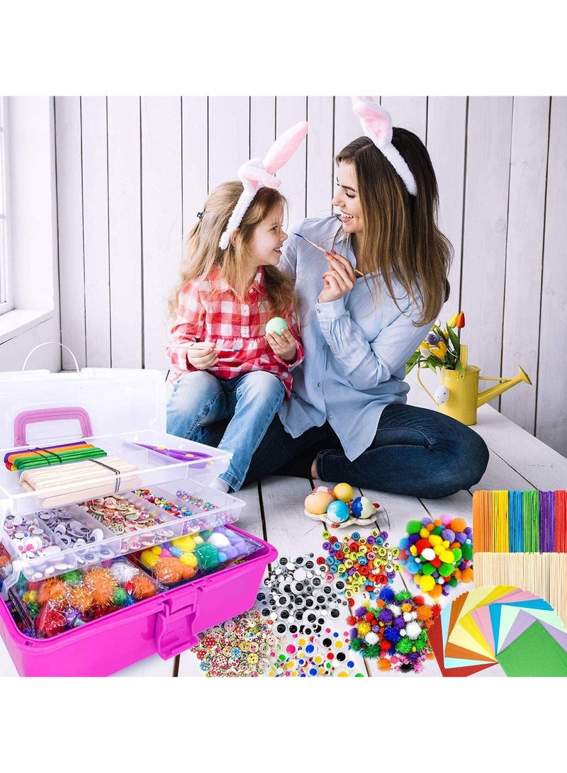 AUTOYSUR 1405 قطعة من مستلزمات الفن والحرف للأطفال، مجموعة مستلزمات الحرف اليدوية للأطفال، تشمل منظفات الأنابيب، كرات الفرو، ريش، صندوق تخزين قابل للطي - كل شيء في واحد لمستلزمات فن الحرف اليدوية، وردي غامق - Image 2