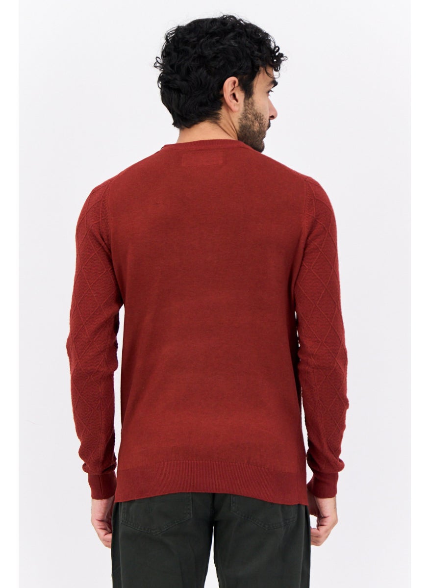 Sorbino - Men Crew Neck Textured Sweater, Rust Brown - Image 1