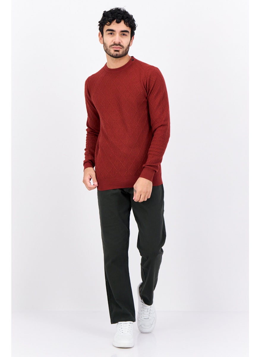 Sorbino - Men Crew Neck Textured Sweater, Rust Brown - Image 1