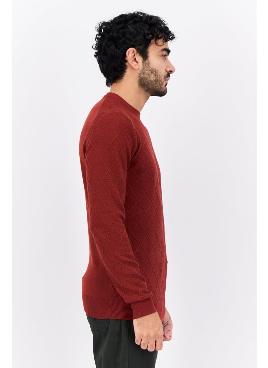 Sorbino - Men Crew Neck Textured Sweater, Rust Brown - Image 1