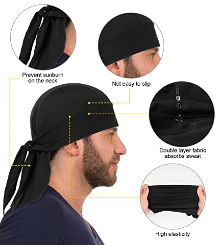 MELASA Cooling Do Rags Skull Cap Helmet Liner, Sweat Head Wraps Bandanas for Men Running Cycling Motorcycle(Black&Black) - Image 4