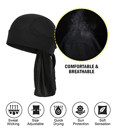 MELASA Cooling Do Rags Skull Cap Helmet Liner, Sweat Head Wraps Bandanas for Men Running Cycling Motorcycle(Black&Black) - Image 2