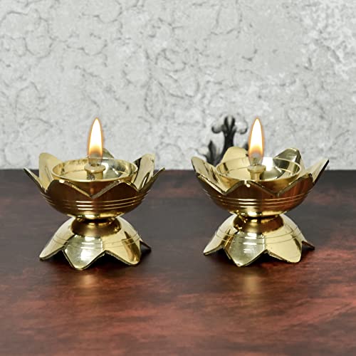 Bhimonee Decor Pure Brass Kamal Nanda Table Diya | Traditional Deepak for Pooja & Home Temple | Decorative Oil Lamp for Aarti & Rituals | 1.75 Inches, Brass, Pack of 2 Pcs - Image 1