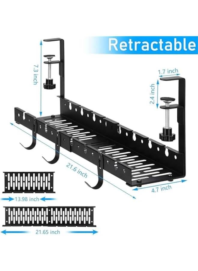 HOOKOR Extendable Under Desk Cable Management Tray No Drilling Metal Cable Management Tray Under Desk with Clamp, Retractable Power Strip Cord Holder for Wire Management (Black) - Image 2