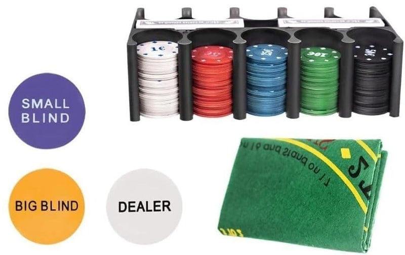 Toyshine 200 Piece Poker Chip Set with Storage Box, 2 Decks of Poker Cards, Professional Table Cover (36"x24"), and 3 Dealer Buttons - Image 2