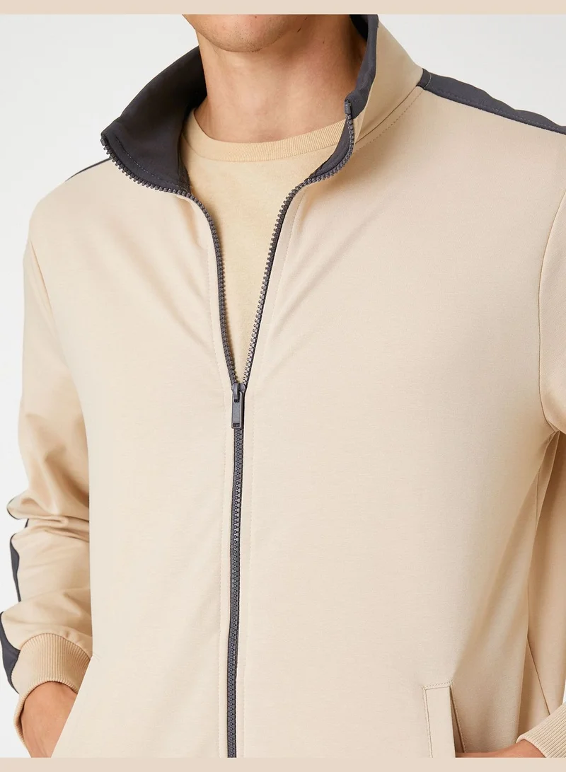 KOTON High Neck Sport Sweatshirt Multicolor Pocket Detail Zippered