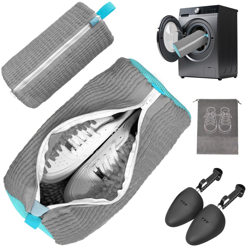 Shoe Washing Machine Bag,Laundry Shoe Bag Washer and Dryer Reusable Shoe Cleaning bags for Sneaker Tennis Shoes Unstain Cleaner Kit Include Pair of Adjustable Shoe Trees & Travel Bag (Grey 5pc) - Image 1