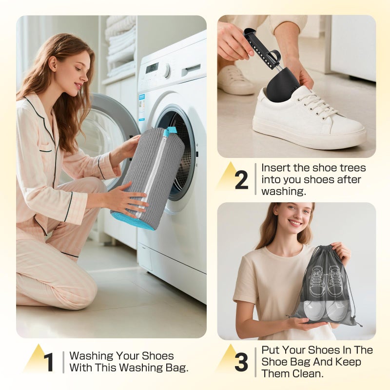 Shoe Washing Machine Bag,Laundry Shoe Bag Washer and Dryer Reusable Shoe Cleaning bags for Sneaker Tennis Shoes Unstain Cleaner Kit Include Pair of Adjustable Shoe Trees & Travel Bag (Grey 5pc) - Image 4