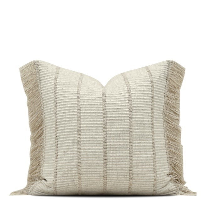 YMBY Beige Striped Tassel Throw Pillow for Sofa and Bed