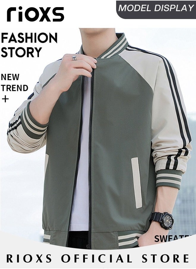 RIOXS - Men's Bomber Jacket, Waterproof Windproof Slim Fit Outdoor Jacket Coat, Crew Lined Lightweight Jacket, Stylish Stand-Up Collar Full Zipper Jacket, Windbreaker Spring Fall Jackets Outerwear For Men - Image 1