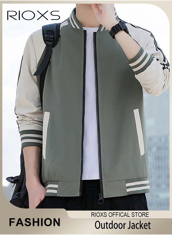 RIOXS - Men's Bomber Jacket, Waterproof Windproof Slim Fit Outdoor Jacket Coat, Crew Lined Lightweight Jacket, Stylish Stand-Up Collar Full Zipper Jacket, Windbreaker Spring Fall Jackets Outerwear For Men - Image 1