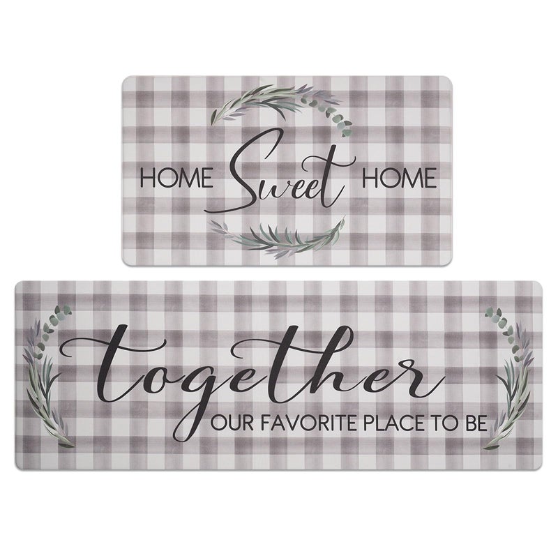 FRESHMINT Kitchen Mats Sets 2 Piece Cushioned Anti-Fatigue Comfort Mat for Home & Office Ergonomically Engineered Memory Foam Kitchen Rug Waterproof Non-Skid, 30" by 17" + 47" by 17", Check Sweet Home - Image 1