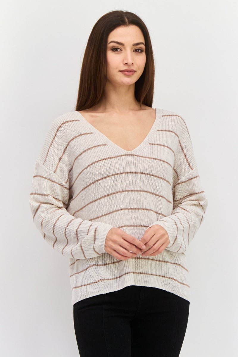 Gentle Fawn Women V Neck Knitted Long Sleeves Sweater, Beige  - Image 1