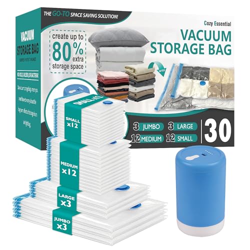 Cozy Essential 30 Pack Vacuum Storage Bags with Portable Electric Pump, Vacuum Seal Space Saver Bags for Clothing, Pillows, Blanket, Bedding, Comforter - Image 1