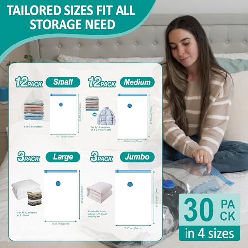 Cozy Essential 30 Pack Vacuum Storage Bags with Portable Electric Pump, Vacuum Seal Space Saver Bags for Clothing, Pillows, Blanket, Bedding, Comforter - Image 4