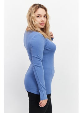 Zero Women Scoop Neck Long Sleeve Plain Top, Slate Blue  - Image 2