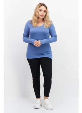 Zero Women Scoop Neck Long Sleeve Plain Top, Slate Blue  - Image 4