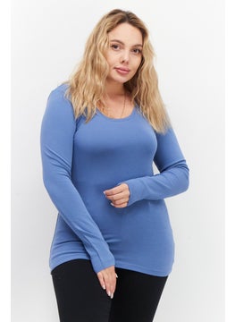 Zero Women Scoop Neck Long Sleeve Plain Top, Slate Blue  - Image 1