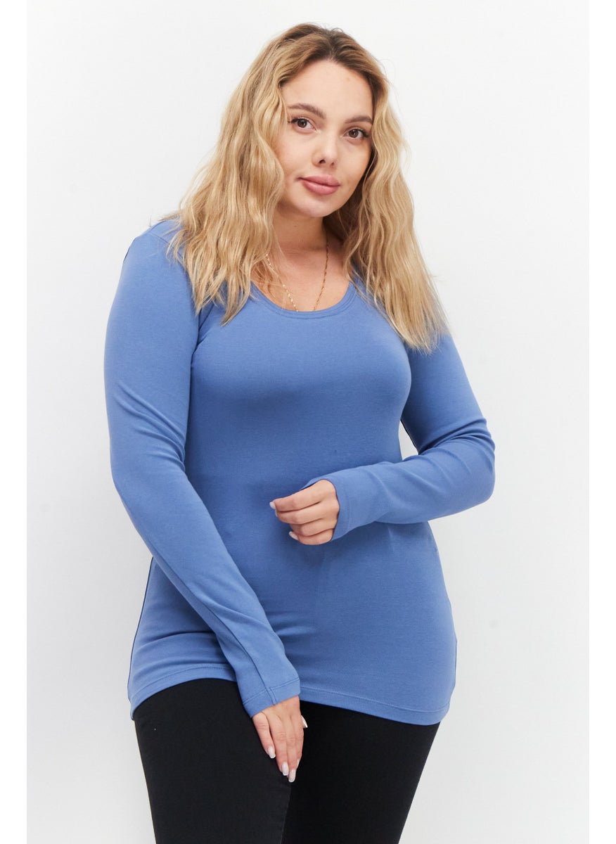 Zero Women Scoop Neck Long Sleeve Plain Top, Slate Blue  - Image 1