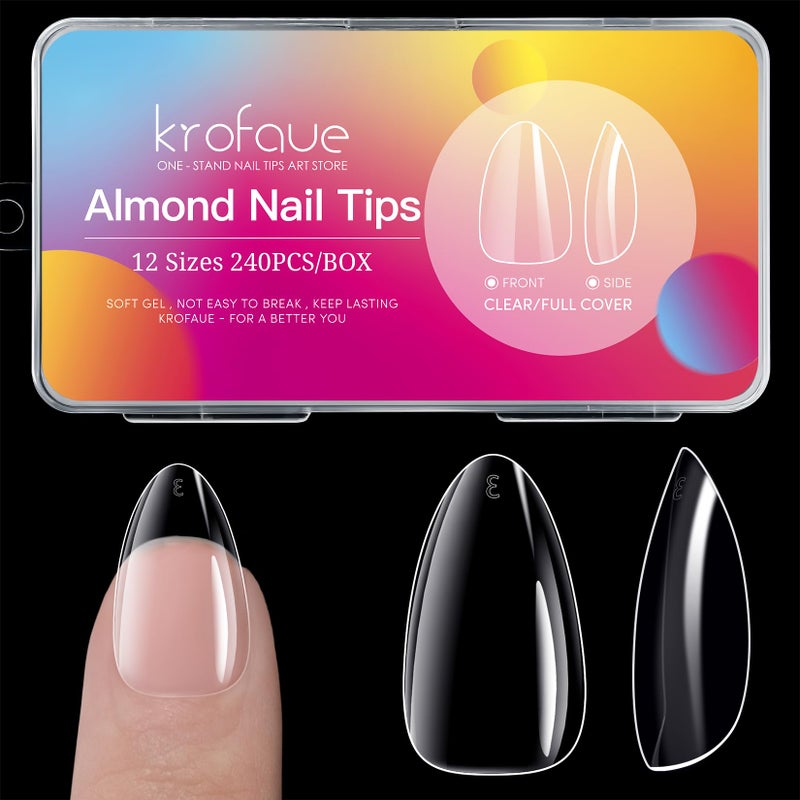 krofaue Almond Nails Tips - 240Pcs Clear Fake Tips 12 Sizes Soft Gel False Nails Full Cover Press on Nails Almond for Manicure Salon and Easy DIY Nail Extensions for Women - Image 1