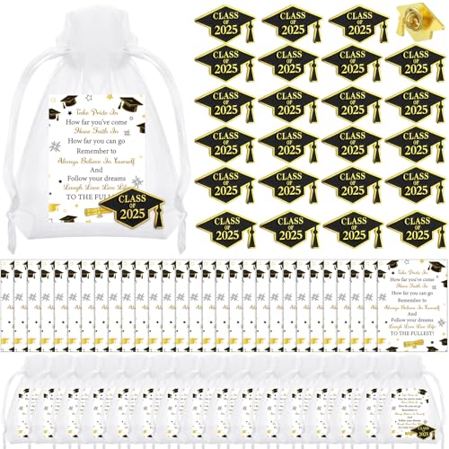 Tondiamo 30 Set Graduation Pins Bulk Class of 2025 Graduation Cap Badges Pins with Cards and Organza Bags Congrats 2025 Souvenir Gift for Student Teacher School(Black) - Image 1