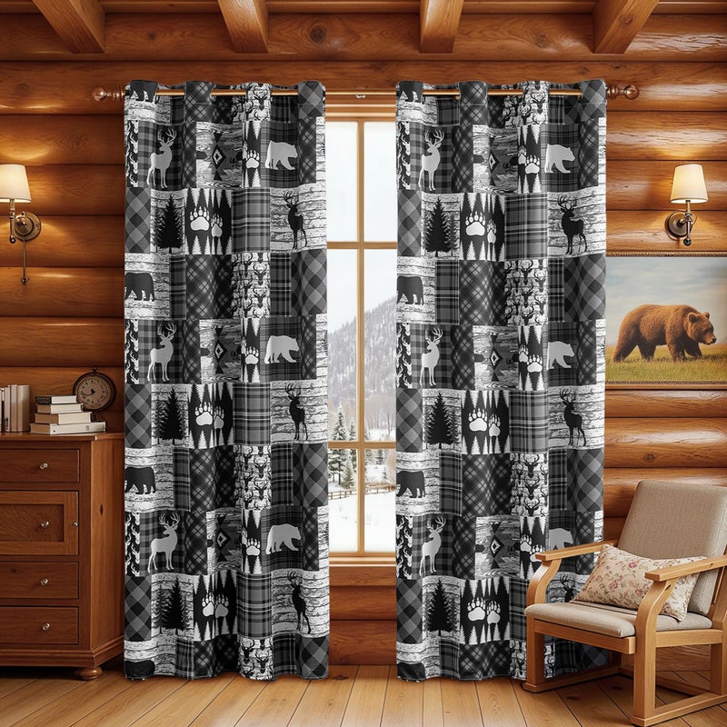 Tritard Grey Rustic Cabin Curtains 2 Panels Country Style Curtain 50% Light Blocking Darkening Grommet Window Treatments Farmhouse Patchwork Plaid Drapes Decorative for Living Room Bedroom, 52x84 inches - Image 1
