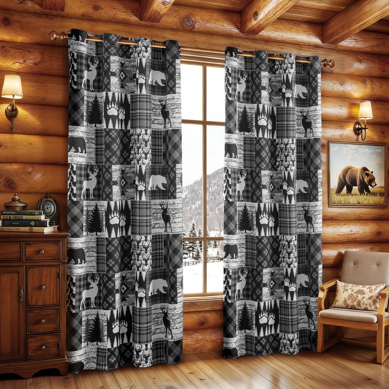 Tritard Grey Rustic Cabin Curtains 2 Panels Country Style Curtain 50% Light Blocking Darkening Grommet Window Treatments Farmhouse Patchwork Plaid Drapes Decorative for Living Room Bedroom, 52x84 inches - Image 2