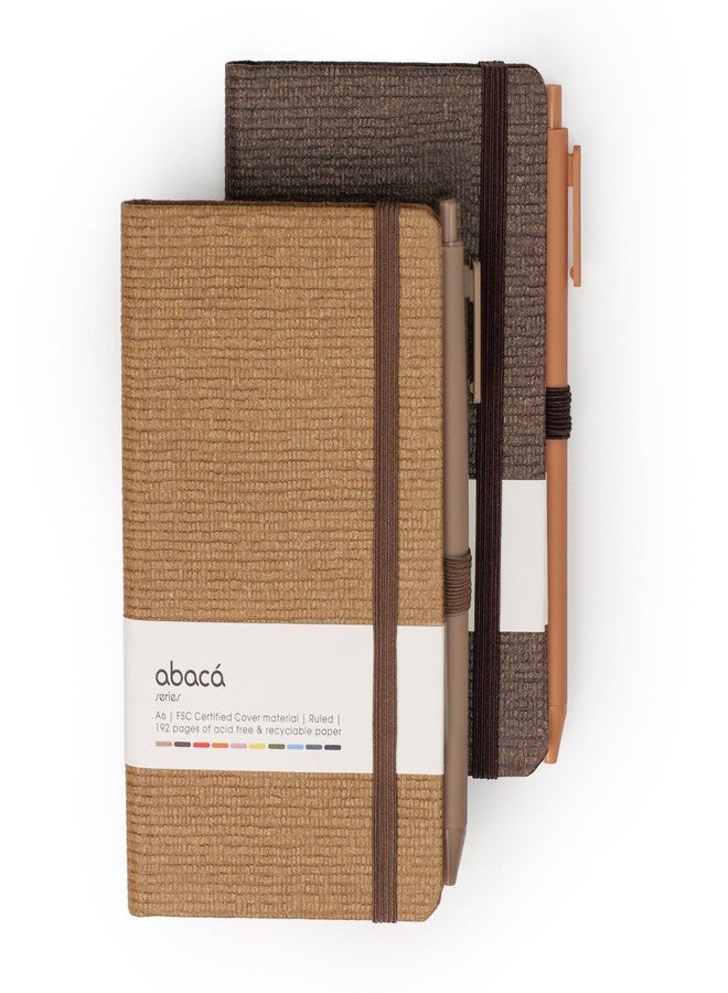 COMMA Abaca – A6 Size – Hard Bound Pocket Notebook with Pen & Elastic Band Closure – 192 Pages – 80gsm Natural Shade Paper – Textured Cover Material – Pack of 2 – (Chocolate + Walnut Brown) - Image 1