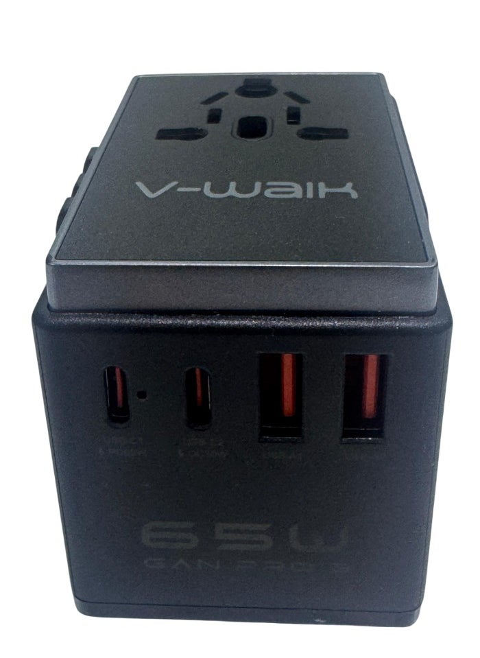 V-Walk V-Walk 65w GAN universal adapter with 2 USB-C, 2 USB-A ports for 150+ countries. Dual Fuse Spare Features temperature, overheat, overcharge, and cell protection. perfect for frequent travelers.  - Image 2