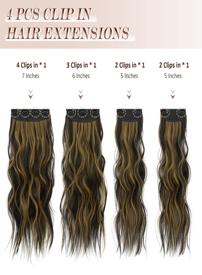 فيشبن وصلات شعر بمشابك من فيشفين، 4 قطع، مزيج من الأسود والبني والأشقر الذهبي، كثيفة ومموجة، وصلات شعر كاملة الرأس من الألياف الصناعية للنساء، 20 بوصة، 180 غرام - Image 2