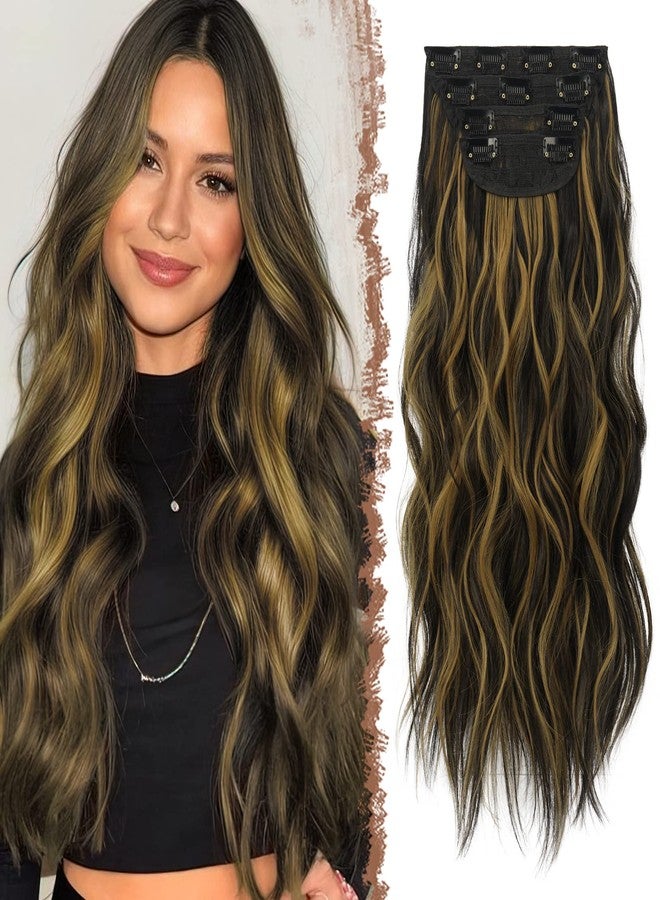 فيشبن وصلات شعر بمشابك من فيشفين، 4 قطع، مزيج من الأسود والبني والأشقر الذهبي، كثيفة ومموجة، وصلات شعر كاملة الرأس من الألياف الصناعية للنساء، 20 بوصة، 180 غرام - Image 1