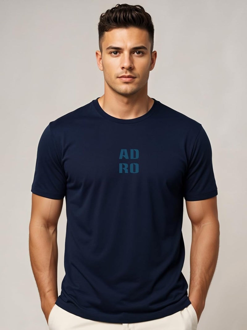 ADRO Men's Regular Fit T-Shirt - Navy Blue Cotton Lycra Half Sleeve Tee with Minimal Text Design - Image 2