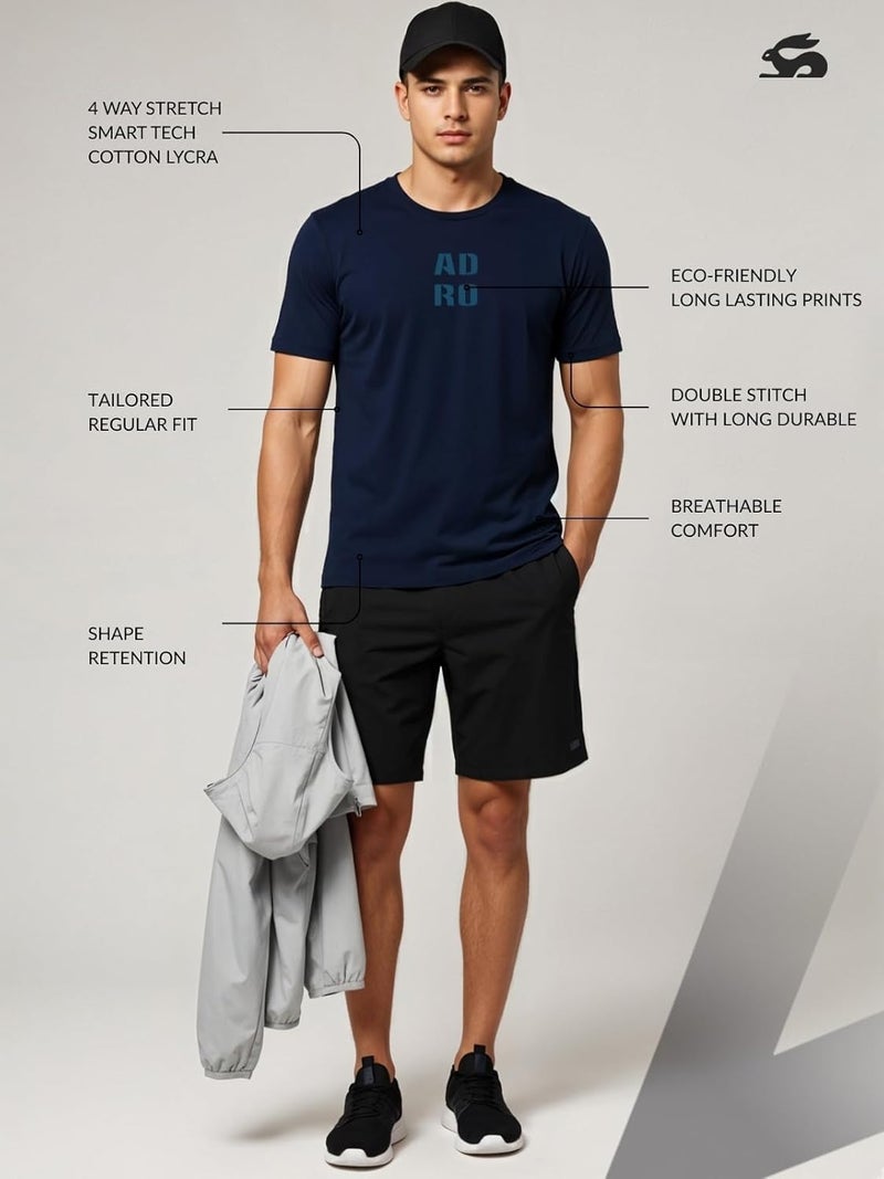 ADRO Men's Regular Fit T-Shirt - Navy Blue Cotton Lycra Half Sleeve Tee with Minimal Text Design - Image 3