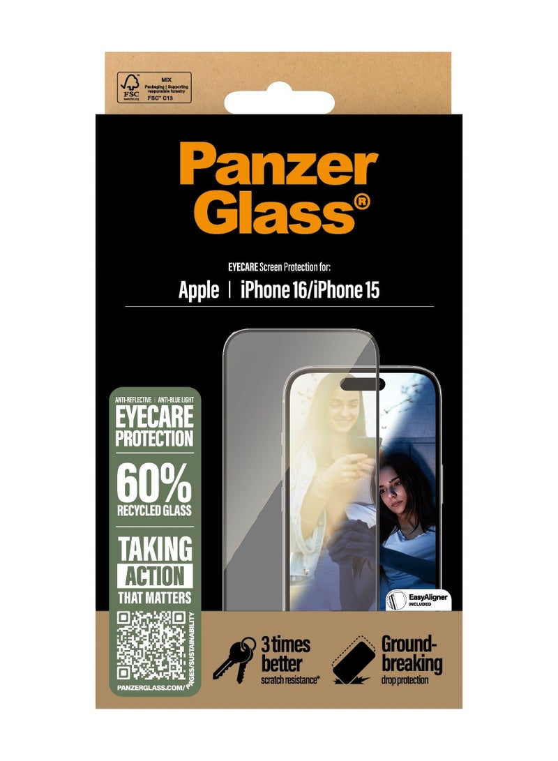 PanzerGlass حماية شاشة PanzerGlass® للعناية بالعيون لجهاز Apple iPhone 16 مضادة للانعكاس، مضادة للضوء الأزرق، زجاج مقسى، مقاومة عالية للخدوش، مقاومة للصدمات - مع مساعدة التركيب لتسهيل التثبيت - Image 3
