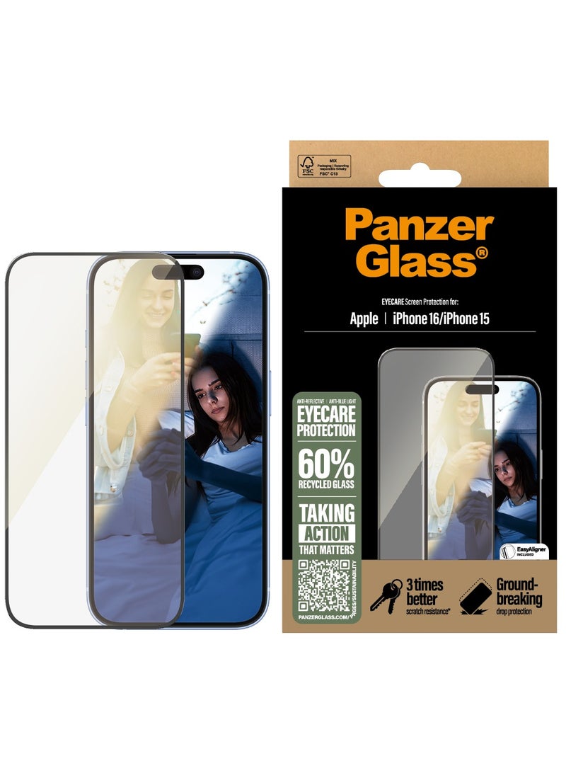 PanzerGlass حماية شاشة PanzerGlass® للعناية بالعيون لجهاز Apple iPhone 16 مضادة للانعكاس، مضادة للضوء الأزرق، زجاج مقسى، مقاومة عالية للخدوش، مقاومة للصدمات - مع مساعدة التركيب لتسهيل التثبيت - Image 1
