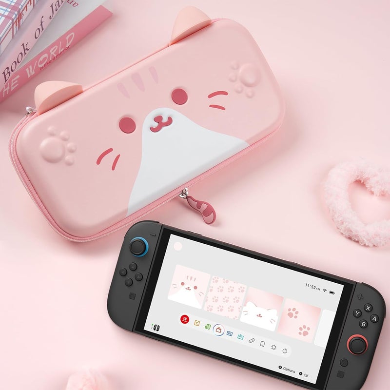 GeekShare حقيبة حمل GeekShare متوافقة مع Switch 2 (2025) مقاس 7.9 بوصة، حقيبة سفر صلبة ونحيفة مع 12 فتحة لبطاقات الألعاب لوحدة التحكم Switch 2 وملحقاتها، تصميم أذن قطة لطيف (وردي) - Image 5