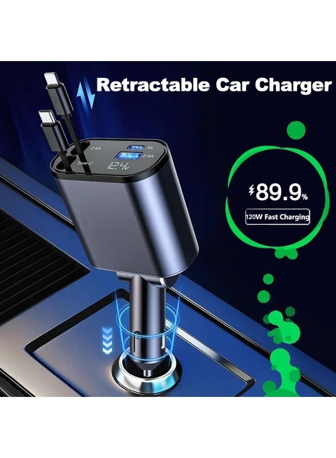 RION 120W Retractable Car Charger 4‑in‑1 | Super Fast Car Phone Charger with Lightning & Type‑C Retractable Cables | Dual USB Ports | Fast Charging Car Adapter Compatible with iPhone, Samsung, Android, Tablets & Type‑C Devices - Image 3