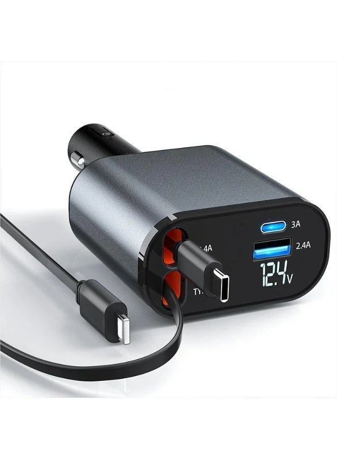 RION 120W Retractable Car Charger 4‑in‑1 | Super Fast Car Phone Charger with Lightning & Type‑C Retractable Cables | Dual USB Ports | Fast Charging Car Adapter Compatible with iPhone, Samsung, Android, Tablets & Type‑C Devices - Image 2
