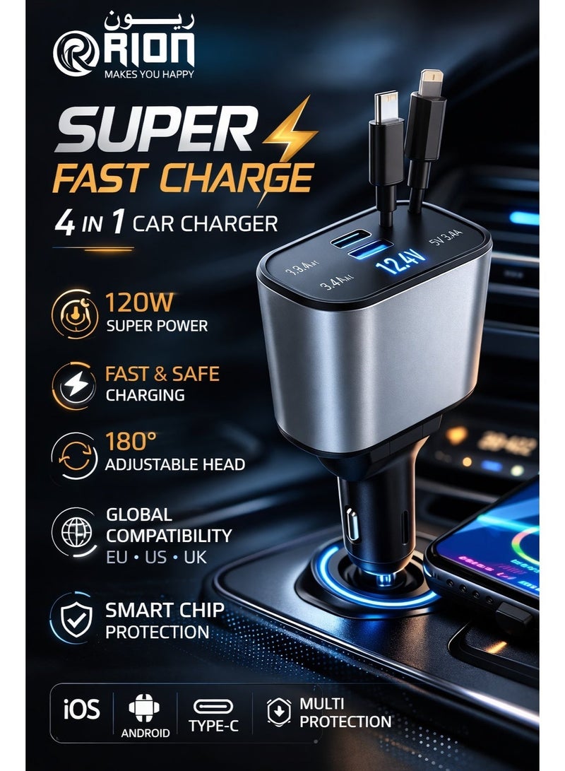 RION 120W Retractable Car Charger 4‑in‑1 | Super Fast Car Phone Charger with Lightning & Type‑C Retractable Cables | Dual USB Ports | Fast Charging Car Adapter Compatible with iPhone, Samsung, Android, Tablets & Type‑C Devices - Image 1