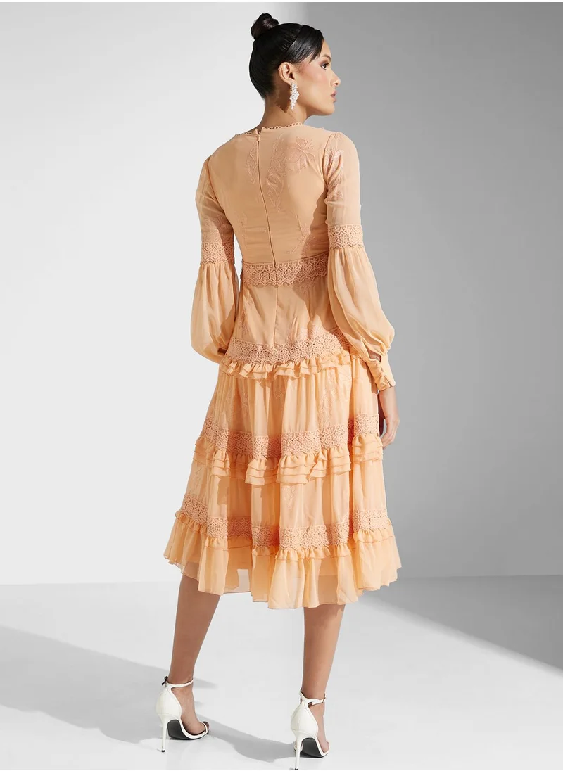 Frock and Frill Embroidered Floral Pleated Dress