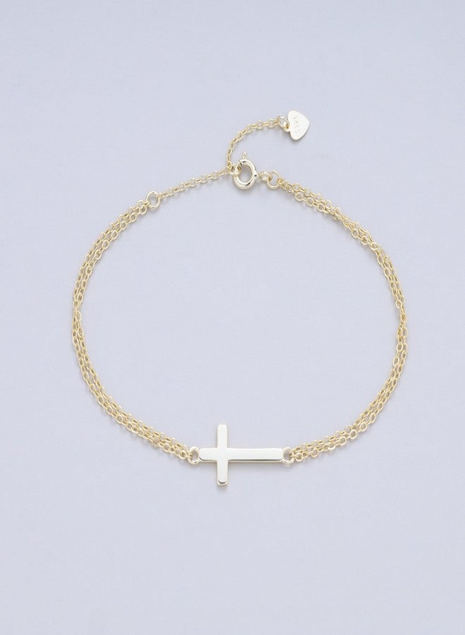 GAVU Double Chains 14K Gold Plated 925 Sterling Silver Cross Bracelet for Women, Dainty Cross Chain Bracelet for Women - Image 5