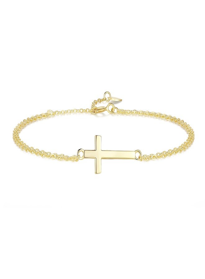GAVU Double Chains 14K Gold Plated 925 Sterling Silver Cross Bracelet for Women, Dainty Cross Chain Bracelet for Women - Image 1