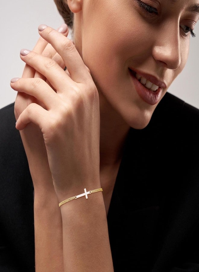 GAVU Double Chains 14K Gold Plated 925 Sterling Silver Cross Bracelet for Women, Dainty Cross Chain Bracelet for Women - Image 3