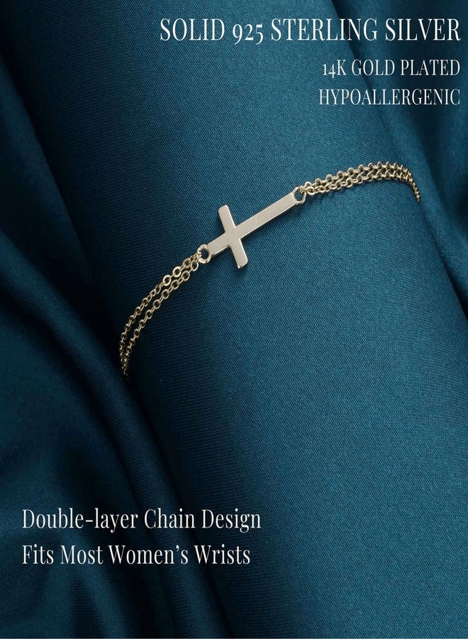 GAVU Double Chains 14K Gold Plated 925 Sterling Silver Cross Bracelet for Women, Dainty Cross Chain Bracelet for Women - Image 4
