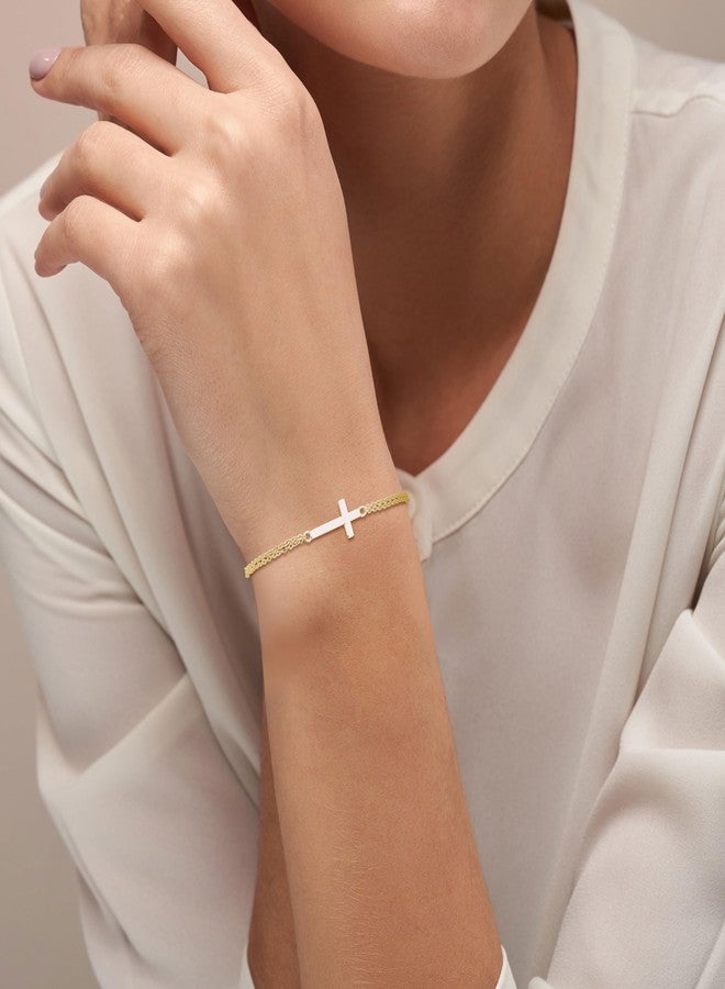 GAVU Double Chains 14K Gold Plated 925 Sterling Silver Cross Bracelet for Women, Dainty Cross Chain Bracelet for Women - Image 2
