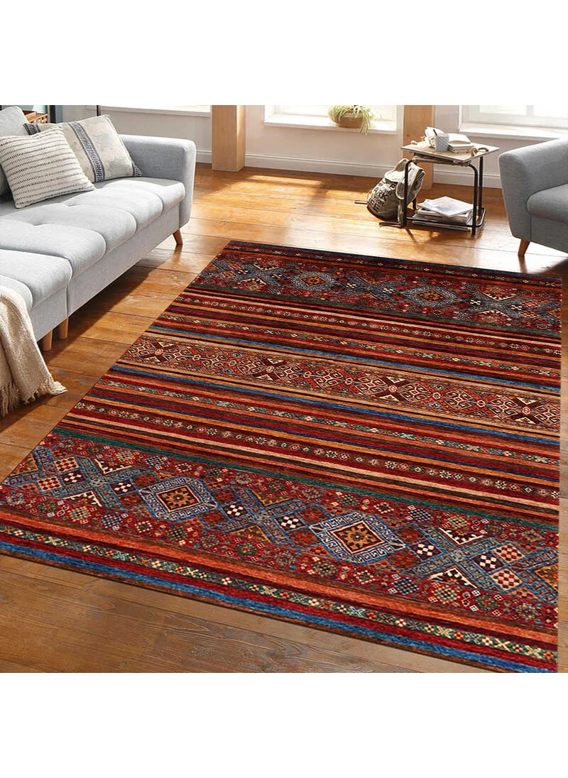 Vagonik Classic Afghan Turkmen Authentic Kilim Patterned Digital Printed Carpet Non-Slip Based Washable Carpet