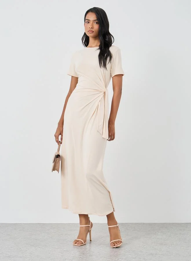 Take Two Take Two Solid Short Sleeve Wrap Midi Dress with Tie Up Detail