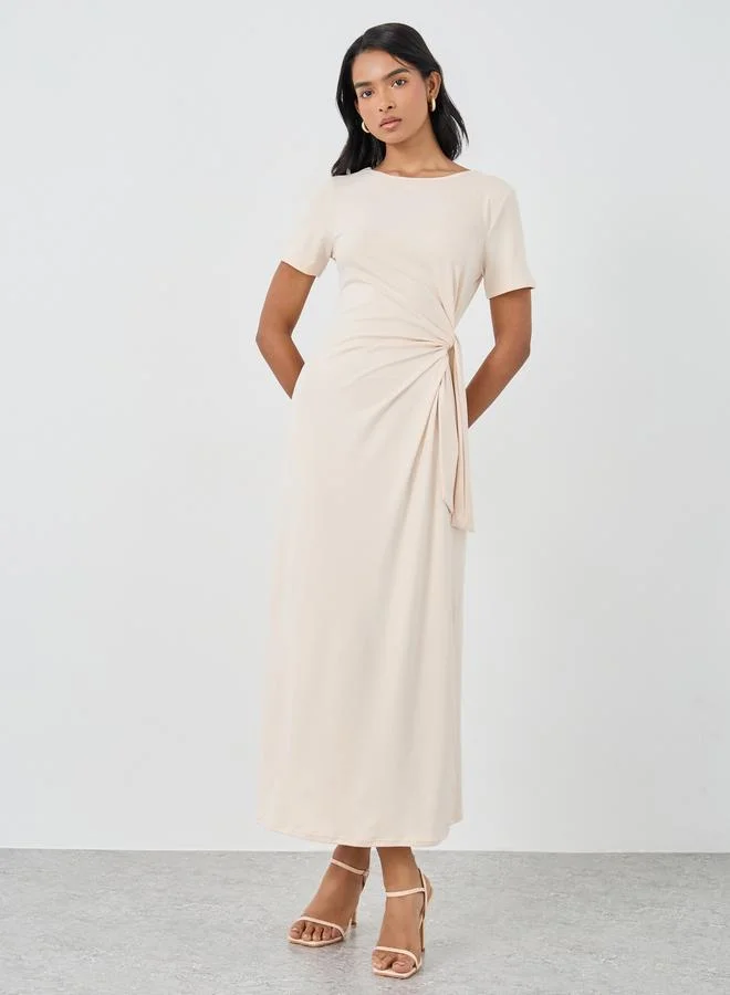 Take Two Take Two Solid Short Sleeve Wrap Midi Dress with Tie Up Detail